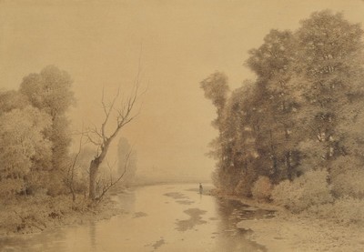 Karl Theodor Reiffenstein, 1820-1893, Niddalandschaft, Sepiazeichnung auf Papier, rechts unten signiert und dat. 28. Feb. 1883, ca. 32x46cm, u.Gl., ...