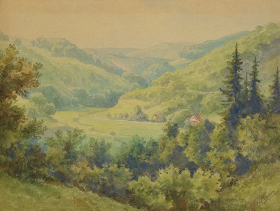 Johann Georg Mohr, 1846-1943 Frankfurt a.M.,2 Aquarelle: Blick in das Weiltal im Taunus, rechts unten signiert, ca. 16x22cm, u.Gl., R.; Blick auf ...
