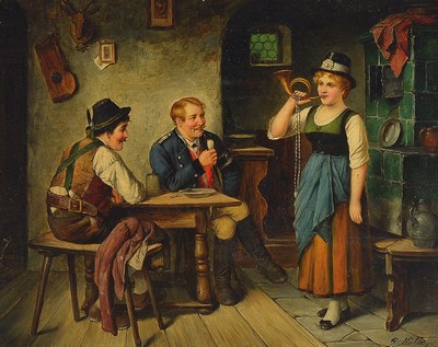 R. Müller, Münchener Schule, um 1880, Interieur in der Stube, Öl/Holz, detailreiche Darstellung der Stube, re. u. signiert. R. Müller, ca. 31 x ...