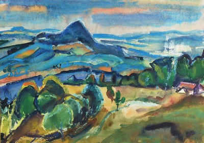 Karl Osswald, 1925-1972 Riedheim, große Hegaulandschaft, Aquarell und Gouache auf Papier, links unten signiert, ca. 53x72cm, PP, u.Gl., R. ca. ...