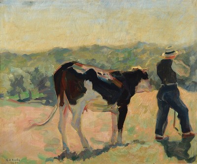 Georges Daniel Krebs, 1894 Brumath/Elsass- 1982, Studium in Straßburg und an der Akademie Düsseldorf bei Prof. J. P. Junghanns, hier: Bauer mit Kuh ...
