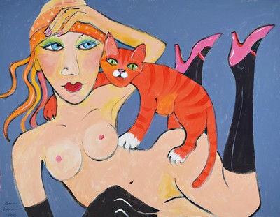 Leonore Zimmermann, geb. 1950, tätig in München, Akt mit roter Katze, Acryl auf Lwd, links unten signiert und dat. 2016, ca. 70x90cm