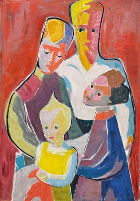 Annemarie Hammer-Fleck, 1913 Allenstein/ Ostpreussen-2001 Ulm, Kindergruppe, Acryl/Malkarton, rückseitig signiert und betitelt, mit Preis 2500 DM ...
