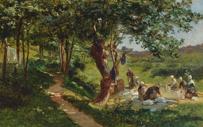 Unbekannter Künstler, um 1900, Wäscherinnen aus der Bretagne Frankreich, so rückseitig betitelt, Öl/Lwd, unsigniert, ca. 30x48cm, R. ca. 36x54cm