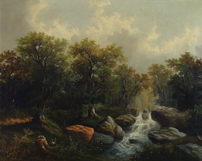 Unbekannter, wohl österreichischer Spätromantiker, um 1870, Waldlandschaft mit Bach und rastendem Wanderer in die Natur integriert, Öl/Lwd., ...
