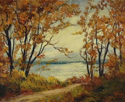 Karl Philipp Spitzer, 1887-1954 Speyer, Altrheinlandschaft im Herbst, Öl/Platte, re. u. signiert, ca. 82 x 100 cm, Altersspuren, profilierter ...