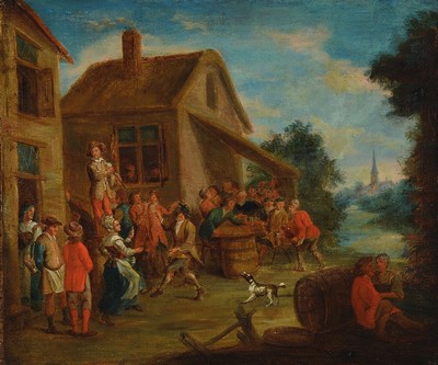 Niederländischer Künstler, nach Vorbild von David Tenier, frühes 18. Jh., Kirchweih, vielfigurige Szenerie mit tanzenden und feiernden Personen, ...
