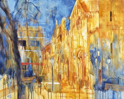 Pio Costa, geboren 1952 Coruna, Straßenansicht wohl in Barcelona, re. signiert, Acryl/Lwd, rückseitig mit Galeriestempel Sala D'Art, auf ...