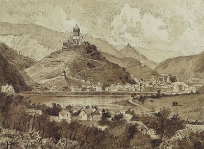 Bernhard Karl Julius Mannfeld, 1848-1925, Blick auf Cochem an der Mosel, Tuschfeder- Zeichnung auf Papier, ca. 11x16cm, PP, u.Gl., R. ca. 22x27cm