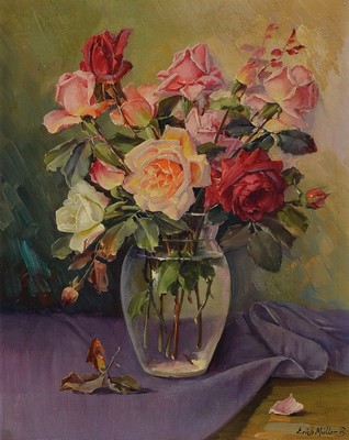 Erich Martin Müller, 1888-1972, Berliner Maler, Stillleben mit Rosen in Glasvase, Öl/Lwd, rechts unten signiert Erich Müller B., ca. ...