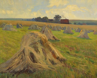 Ernst Hardt, 1869 Köln-1917 Bad Godesberg, Heugarben im Sommer, rückseitig betitelt: Bei Grafenberg, Öl/Lwd, links unten signiert, ca. ...