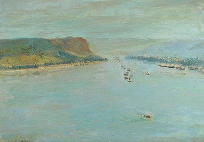 Otto Dill, 1884 Neustadt-1957 Bad Dürkheim, große Rheinlandschaft bei Remagen, Öl/Lwd/Karton, hervorragende Tiefenperspektive, feine ...
