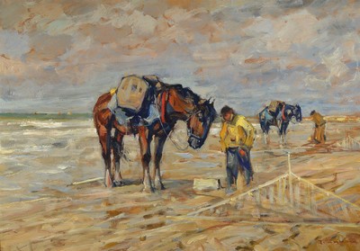 Julius Seyler, 1873 München bis 1955, zwei Fischer mit beladenen Pferden am Strand, gespannte Netze, Öl/Karton, signiert, 70.5 x 100 cm, Rahmen 80 ...
