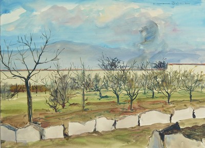 Otto Dill, 1884 Neustadt-1957 Bad Dürkheim, Blick in einen Obstgarten, Aquarell auf Papier, rechts oben signiert, ca. 34x46cm, PP, u.Gl., R. ca. ...
