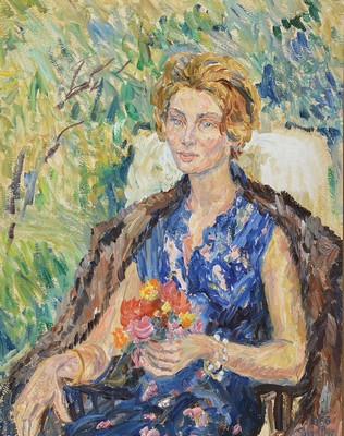 Marie Strieffler, 1917-1987 Landau, Dame in Blau, so rückseitig betitelt, Dreiviertelporträt einer sitzenden Frau im Garten, Öl/Lwd, rechts unten ...