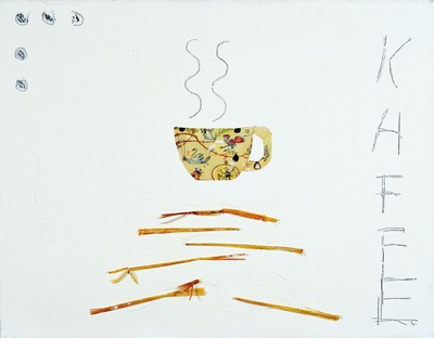 Bruno Obermann, geb. 1956 in Netphen, Kaffeepause, Acryl und Collage auf Lwd, rückseitig signiert, ca. 35x45cm