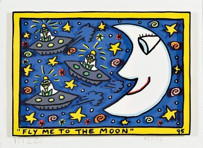 James Rizzi, 1950-2011, 3D-Konstruktion, Fly me to the moon, handsign., dat. 95, num. xcII/C, u.Glas gerahmt, gesamt ca. 46x51 cm Rahmen l. ...