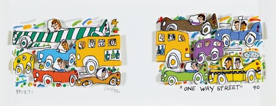 James Rizzi, 1950-2011, 3D-Konstruktion, handsign., num. 144/350, dat.90, unter Glas gerahmt, gesamt ca. 22x31 cm