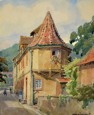 August Croissant, 1870 Edenkoben-1941 Landau, Pfälzer Darstellung, wohl Rhodt, Aquarell/Papier, signiert, 24 x 19 cm, unter Glas, Rahmen