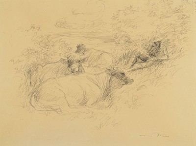 Otto Dill, 1884 Neustadt-1957 Bad Dürkheim, Tuschezeichnung, Hirte mit drei liegenden Rindern, signiert, ca. 34 x 45 cm, unter Glas, Rahmen, ca. 60 ...