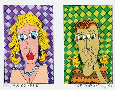 James Rizzi, 1950-2011, "A Couple of Birds, 3D-Konstruktion, handsign, num. 211/350 , dat. 97, unter Glas gerahmt, ca. 29x30