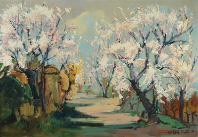 Hans Rolf Peter, 1926, Mandelblüte am Leopold Reitz Weg in Neustadt, /Malkarton, signiert, rückseitig bez., 70 x 100 cm, ca. 80x111 cm, Rahmen