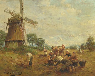 Hugo Mühlig, 1854 Dresden-1929 Düsseldorf, Bauern bei der Kartoffelernte, seitlich eine Windmühle, Öl/Holz, links unten signiert, ca. 24x30cm, R. ...
