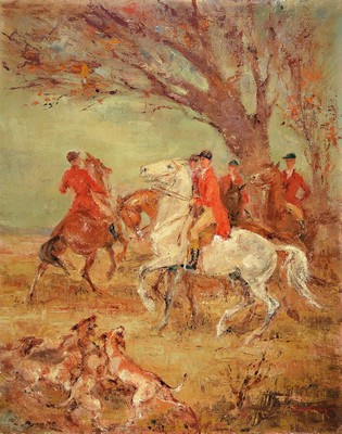 Johnny (Hans-Heinz) Bruns, 1909 Berlin-1953 Frankenthal, Aufbruch zur Fuchsjagd, Öl/Lwd, rechts unten signiert, ca. 100x80cm, R. ca. 110x90cm
