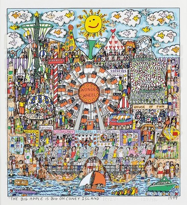 James Rizzi, 1950-2011 New York, The Big Apple is big on Coney Island, dreidimensionale Farblithographie von 1999, handsigniert und num. 125/350, ca. ...