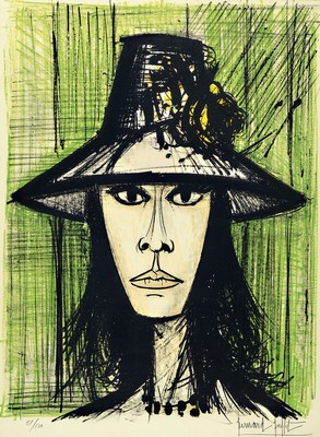 Bernard Buffet, 1928-1999, Porträt einer Frau mit Hut, Litho, handsigniert und num. 51/130, 70 x 52 cm, PP Ausschnitt, unter Glas, Rahmen: 85 x 65 ...
