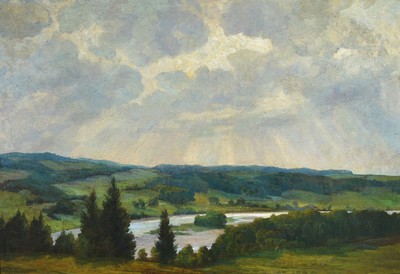 Marie Albert König, 1866-1927, Weite Landschaft mit Bachlauf, nach einem Gewitter, Öl/Lwd, links unten signiert, ca. 73x106cm, R.