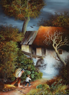 Konrad Peternelj, 1936-2000, Mühlenlandschaft mit Personen, Hinterglasmalerei, re. u. signiert und dat. 1991, 72 x 53 cm, Rahmen 90 x 69 cm, l. ...