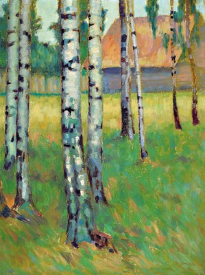 Alfred Wiegmann, 1886 Essen-1973 Kuhstedt (Hannover), Schüler der Düsseldorfer Akademie und der Acadèmie Julian in Paris, Landschaft mit Birken, ...