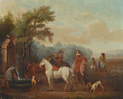 Wohl Rheinländer Künstler, um 1730, vor dem Jagdausritt, Öl/Lwd, detailreiche Erzählung der Reitgesellschaft, unsigniert, krakeliert, ältere ...