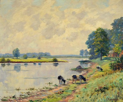 E. Rasenberger, Maler der Düsseldorfer Schule, 1. Hälfte 20. Jh., Weidende Kühe am Flussufer, Öl/Lwd, rechts unten signiert, ca. 50x60cm, R. ca. ...