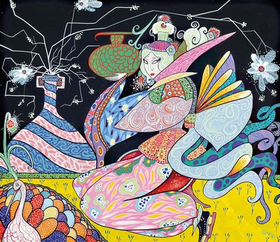 Toller Cranston, 1949-2015, kanadischer Eiskunstläufer und Künstler, Geisha mit Gefäß, Gouache auf Papier, re.u. signiert und dat. 85, ca. 47 x ...