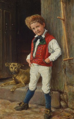 Unbekannter Künstler, deutsch, um 1900, Junge mit seinem Hund vor der Haustür, Öl/Holz, unsigniert, ca. 24x14.5cm, R.