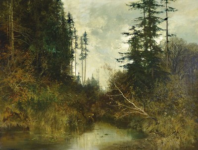 August Fink, 1846-1916 München, Studium bei Eduard Schleich und Adolf Stademann, Professur an der Akademie München, hier: Reh an einem Bachlauf im ...