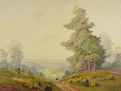 Clemens Prüssen, 1888-1966 Köln, Studium an den Akademien Düsseldorf, München und Karlsruhe, hier: Schäfer mit seiner Herde in Eifellandschaft, ...