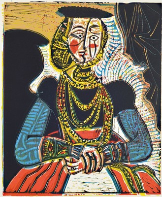Pablo Picasso, 1881-1973, Titel: Portrait of a Woman after Lucas Cranach, Farblinolschnitt, Druck/Verlag: Stuttgart 1962 , PP, Motiv ca. 32x28 cm, ...