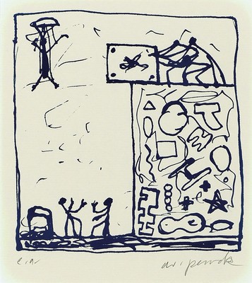 A.R. Penck, 1939-2017,, Farbserigrafie, aus der Mappe Skizzen von 1968. Überarbeitet" 1979, 99er Auflage, handsigniert, num. e.a., Edition ...