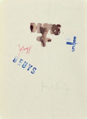 Joseph Beuys, 1921-1986,, Aquarell und Stempel, blauer Kreuzstempel und Schriftzug, in rotem Stift und Bleistift handsigniert Joseph und Joseph ...