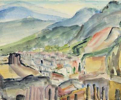 Loulou Albert-Lasard, 1885 Metz - 1969 Paris, Tormina bezeichnet, und dat. 1936 rückseitig, Aquarell, südliche Landschaft am Gebirge, ca, 42 x 52 ...