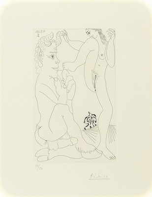 Pablo Picasso, 1881 - 1973, Faune et Bacchante, avec Combat de Faunes, (aus der Suite 347 "Dans l'Atelier")Aquatinta und ...