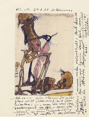 Horst Janssen, 1929 - 1995, Aquarell über Radierung, mit vielen handschriftlichen Bemerkungen des Künstlers, handsigniert, dat. 21.2.88, 24 x 16, ...