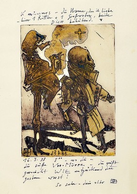 Horst Janssen, 1929 - 1995, Aquarell über Radierung, handsigniert, von 1988, mit vielen handschriftlichen Anmerkungen des Künstler, ca. 24 x 16 cm ...