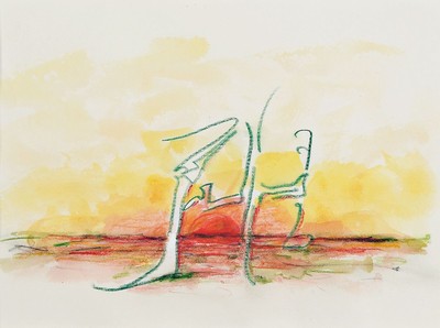 Horst Janssen, 1929 - 1995, Aquarell und Buntstift, In italien vor Sonnenuntergang, ca. 14x 19 cm, um 1970, unter Glas Rahmen ca. 25 x 31 cm