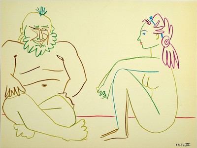Pablo Picasso, 1881-1973, Titel: Figure and Nude Woman, Farblithografie, Drucker Verlag: Mourlot, Paris 1954, Paris, PP, Motiv ca. 26x35 cm, gesamt ...