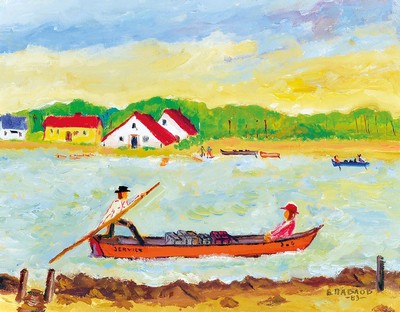 Boris Pavlov, 1928 Belvas, Lettland- 2005 Frankreich, Titel: Gepäckservice auf der Maas in Frankreich, sign., dat. 83, unter Glas gerahmt, gesamt ...
