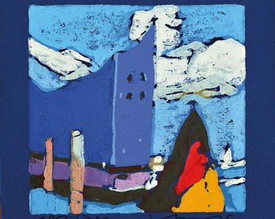 Klaus Fussmann, geb. 1938 Velbert, Elbphilharmonie, Farblinolschnitt, handsign., num. 197/200, ca. 19x18 cm